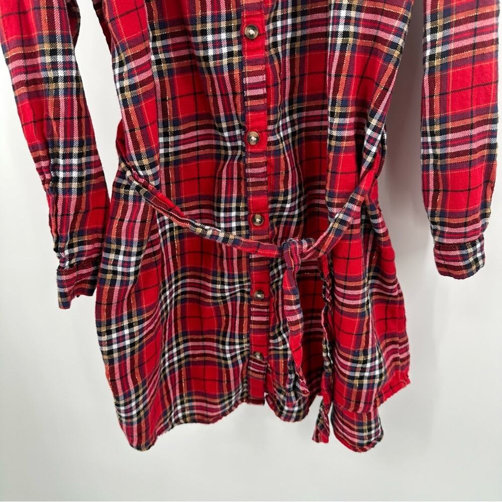 H&M girl’s belted red checkered plaid button down shirt dress Size US 10 - Picture 4 of 8